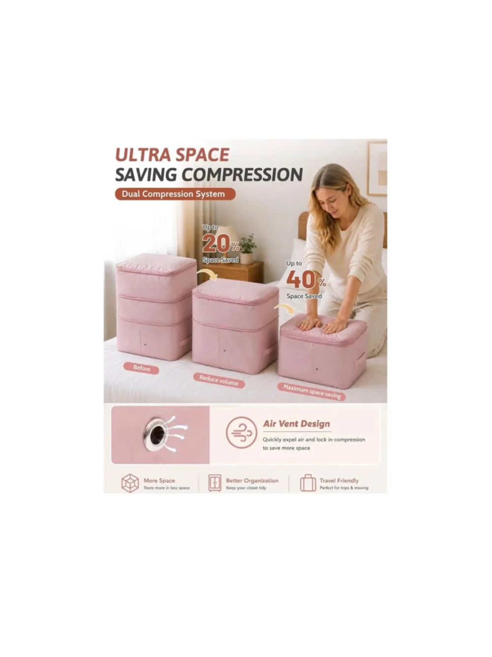 NEW Ultra Space Saving Self Compression Organizer 2 Pk Double Zipper Storage XL